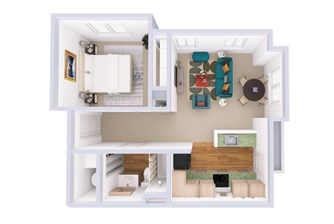 Floor plan for 1 bed, 1 bath, 677 sqft